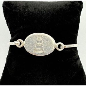 Sterling Silver 925 Bracelet Oval Hook Lighthouse Etched Bangle Estate Jewelry